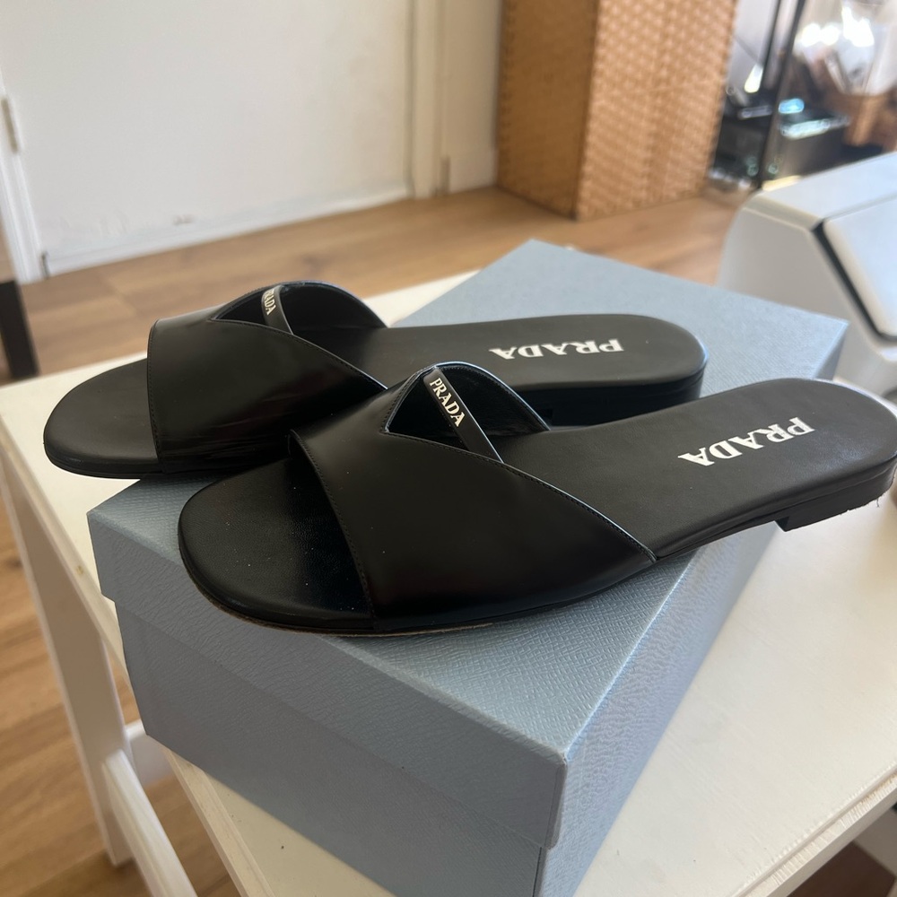 Prada Women's Elegant Black Triangle Logo Slide Sandals-38.5 - Picture 2 of 7